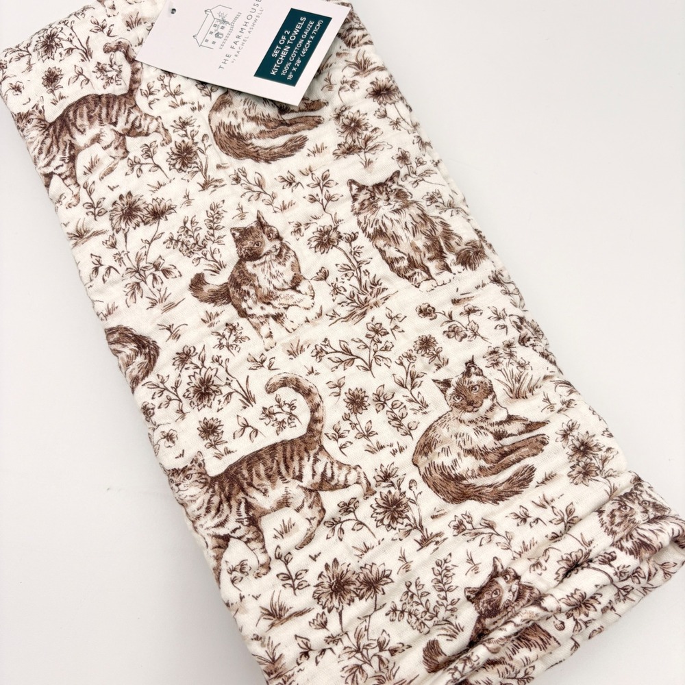 Rachel Ashwell Farmhouse Cat Toile Cotton Gauze Kitchen Towels Set of 2 Brown
